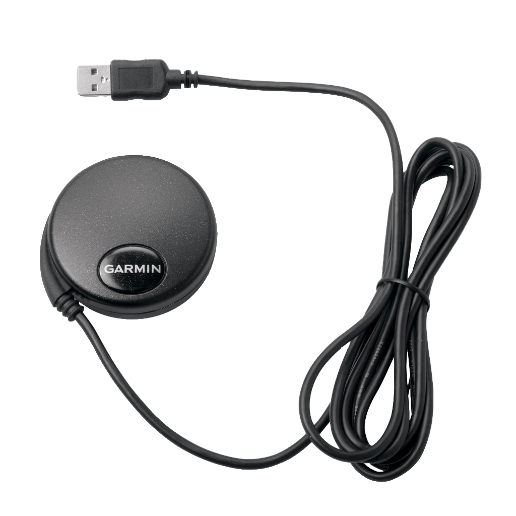 Garmin GPS 18x PC GPS sensor with USB cable; black round puck with Garmin logo