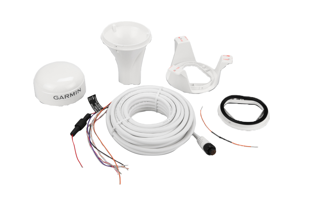 Garmin GPS 19x HVS marine GPS sensor kit with white antenna dome, mounting brackets, and wiring harness.