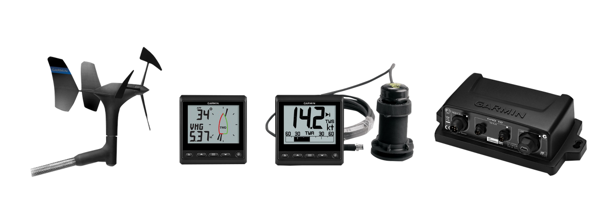 Garmin GNX Wind system with wind sensor, dual Garmin displays, and GND 10 hub
