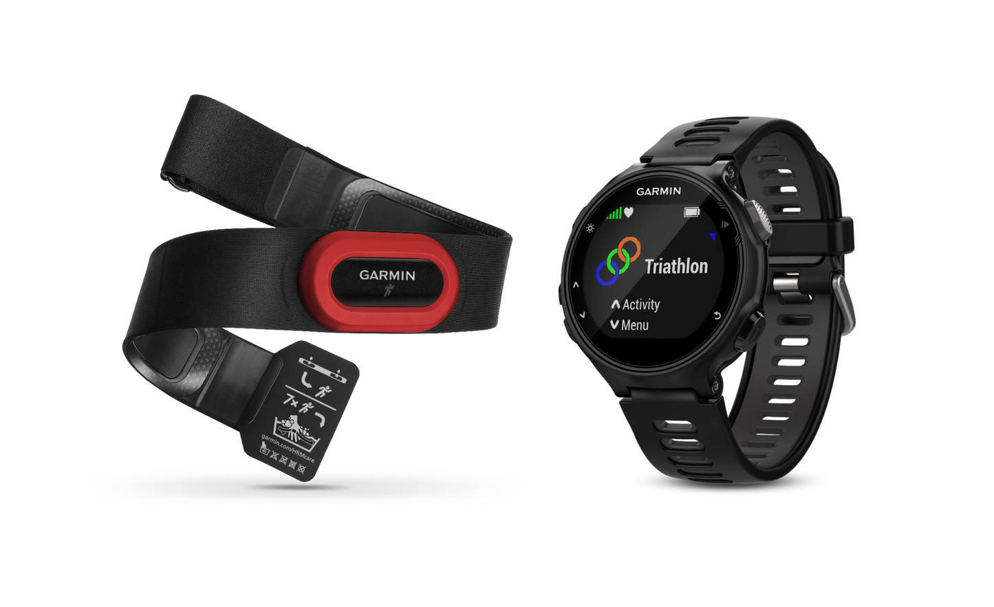 Garmin Forerunner 735XT black smartwatch with gray accents; three-piece set includes red HRM strap and chest strap