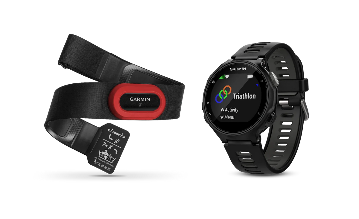 Garmin Forerunner 735XT black smartwatch with gray accents; three-piece set includes red HRM strap and chest strap