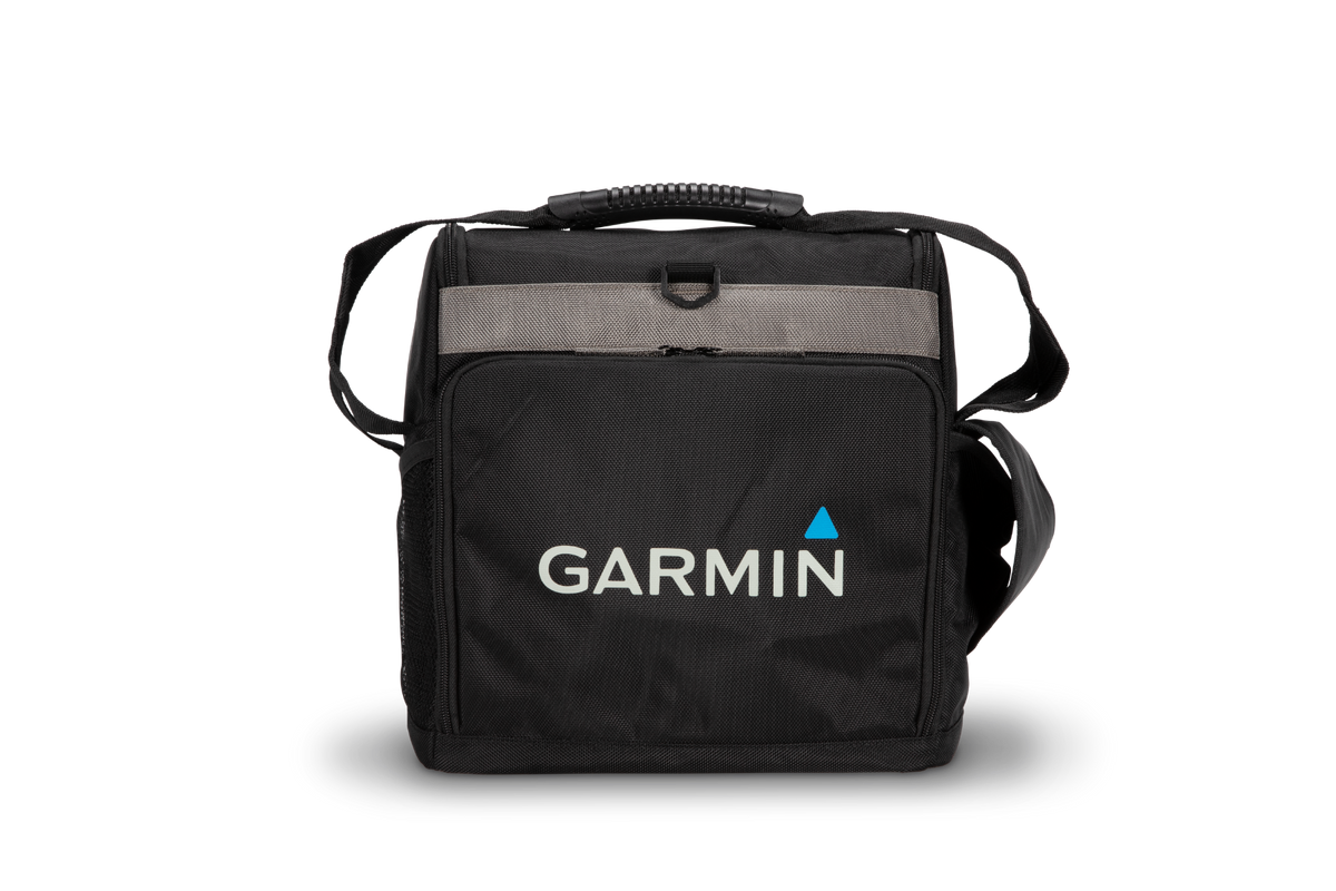 Garmin LiveScope Ice Fishing Bundle carrying case, black with gray strap and Garmin logo.