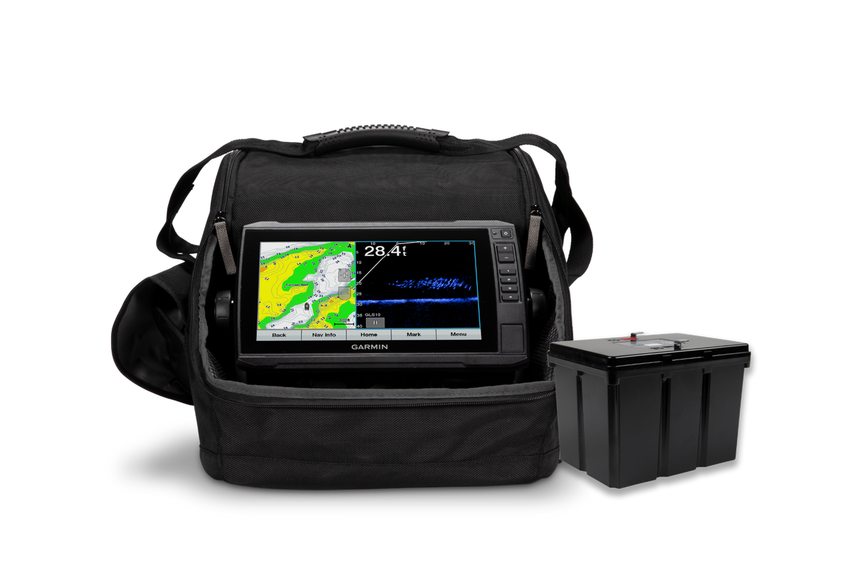 Garmin LiveScope Ice Fishing Bundle, 2-piece with handheld sonar display in a black bag and external battery pack