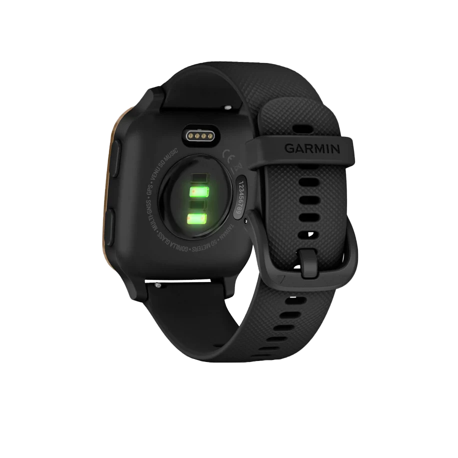 Garmin Venu Sq Music smartwatch, rose gold aluminum bezel with black silicone band