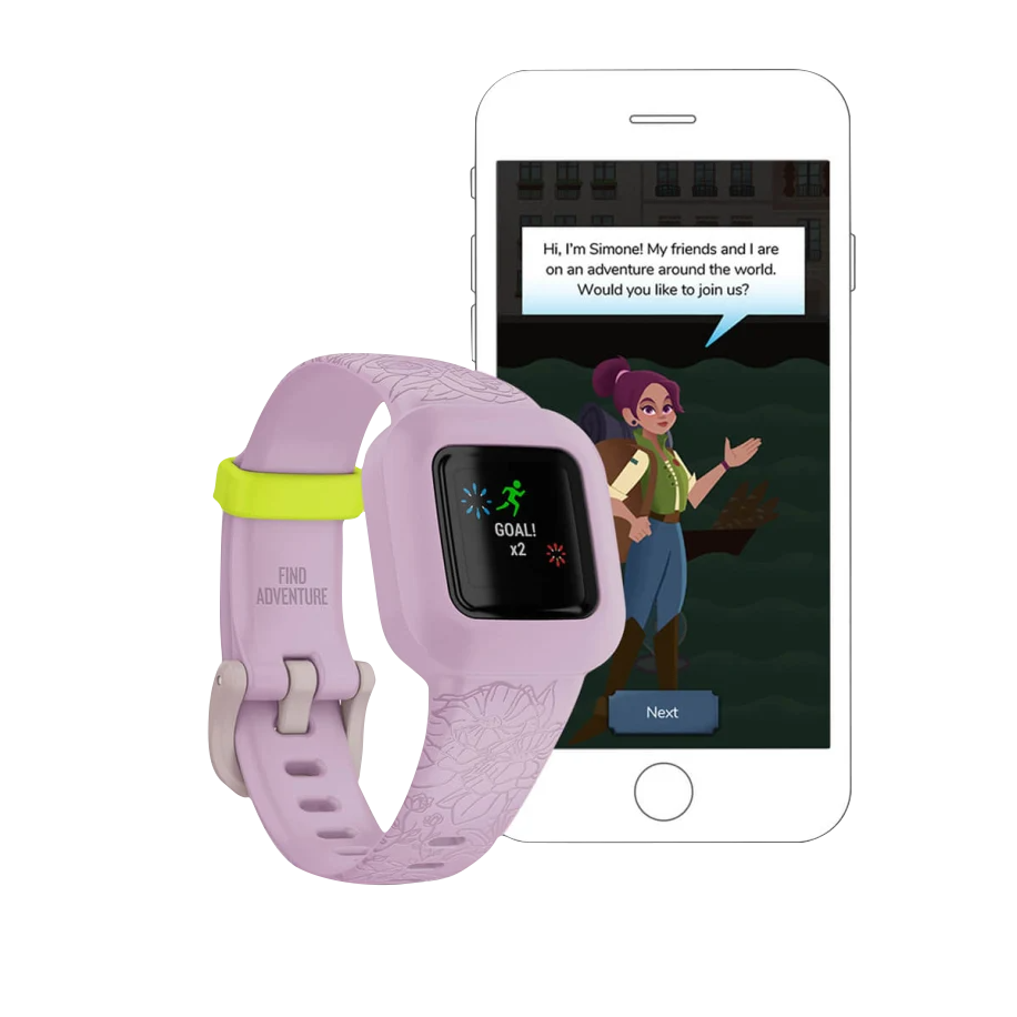 Garmin Vivofit jr. 3 Lilac Floral smartwatch with lilac band and lime clasp