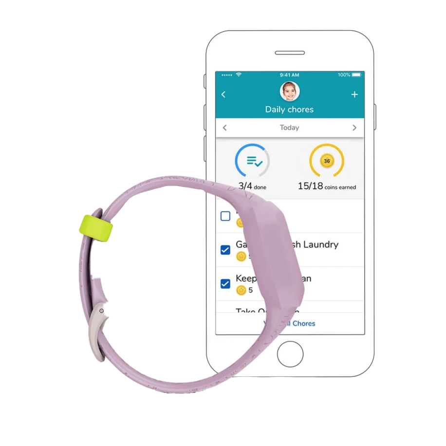Garmin Vivofit jr 3 Lilac Floral smartwatch, Garmin Certified Refurbished; two items shown (watch and smartphone)