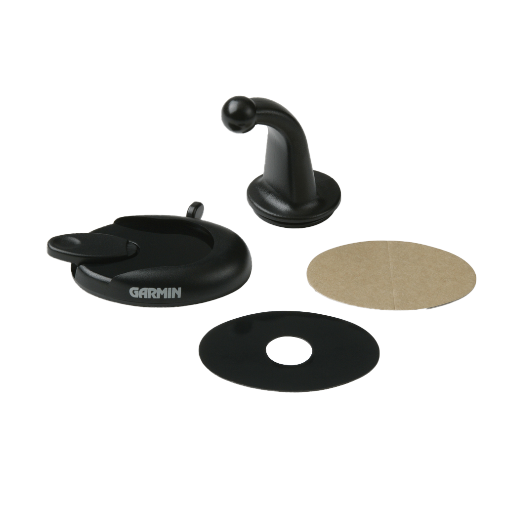 Garmin dashboard mount kit 010-10747-02; black suction base, curved arm, and two discs