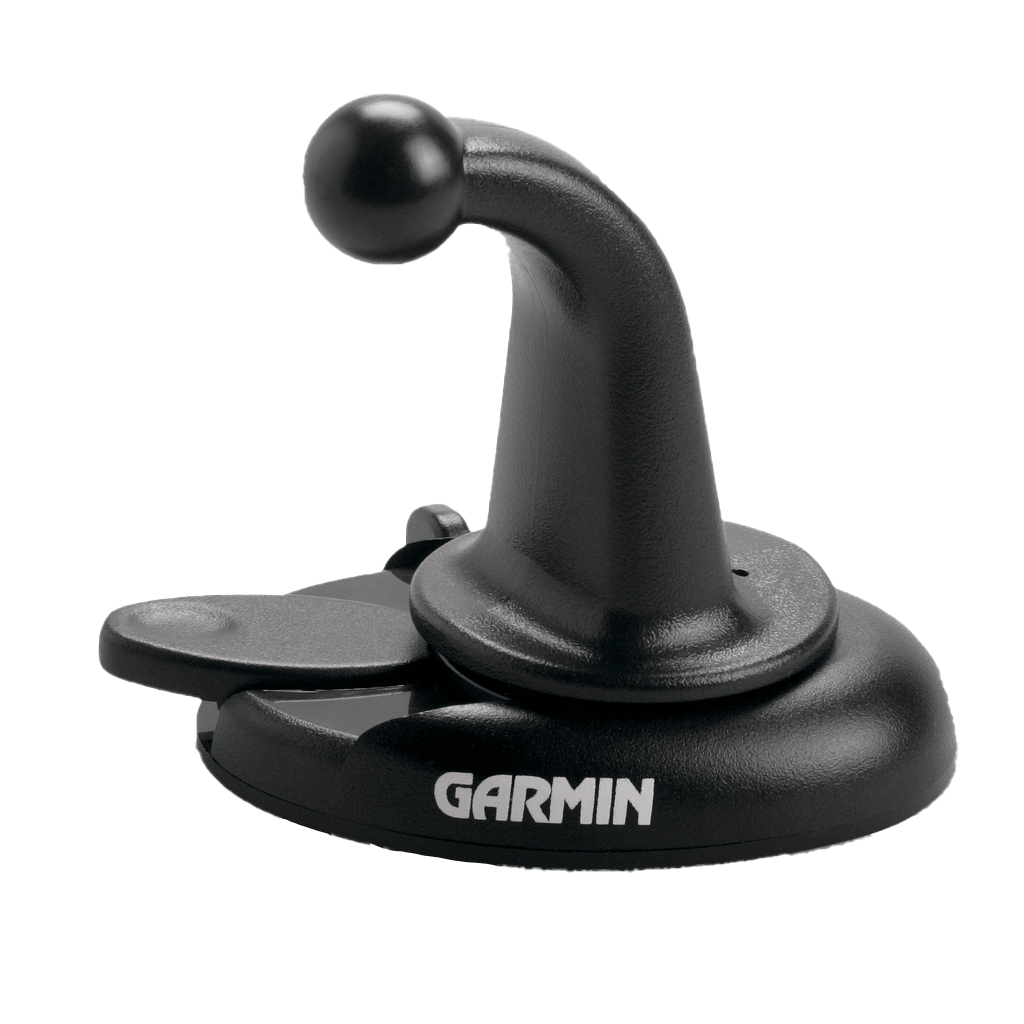 Garmin dashboard mount, black GPS accessory with curved arm and ball joint, model 010-10747-02