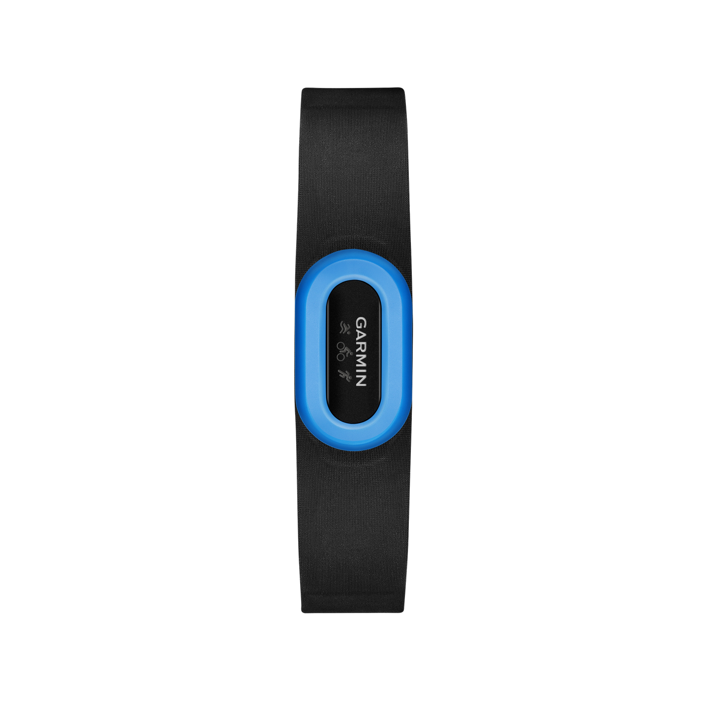 Garmin HRM-Tri heart rate monitor strap with black fabric band and blue sensor ring.