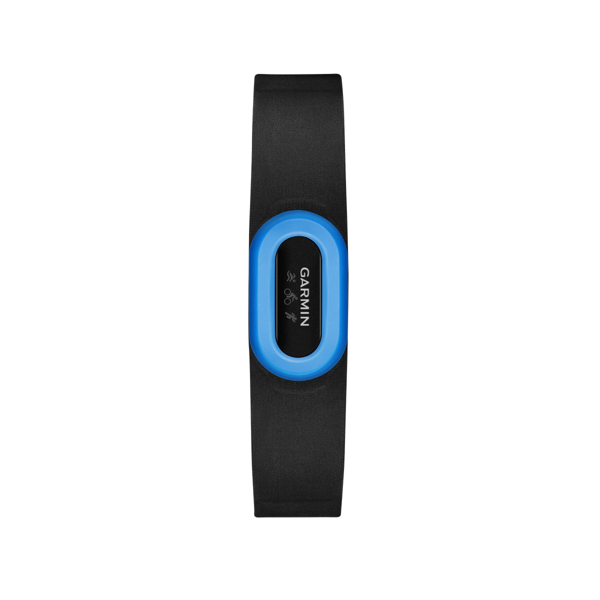 Garmin HRM-Tri heart rate monitor strap with black fabric band and blue sensor ring.