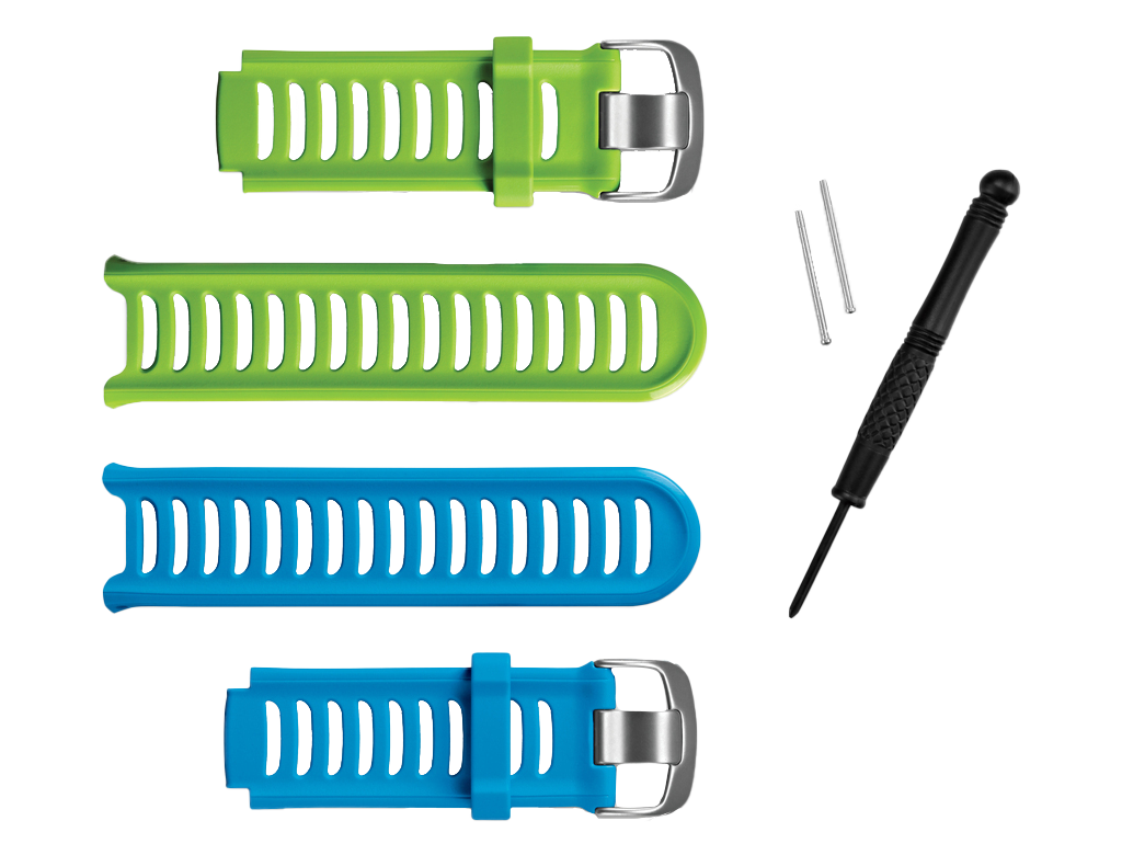 Garmin watch band multipack for Forerunner 910XT with four blue and green straps and included tool and pins