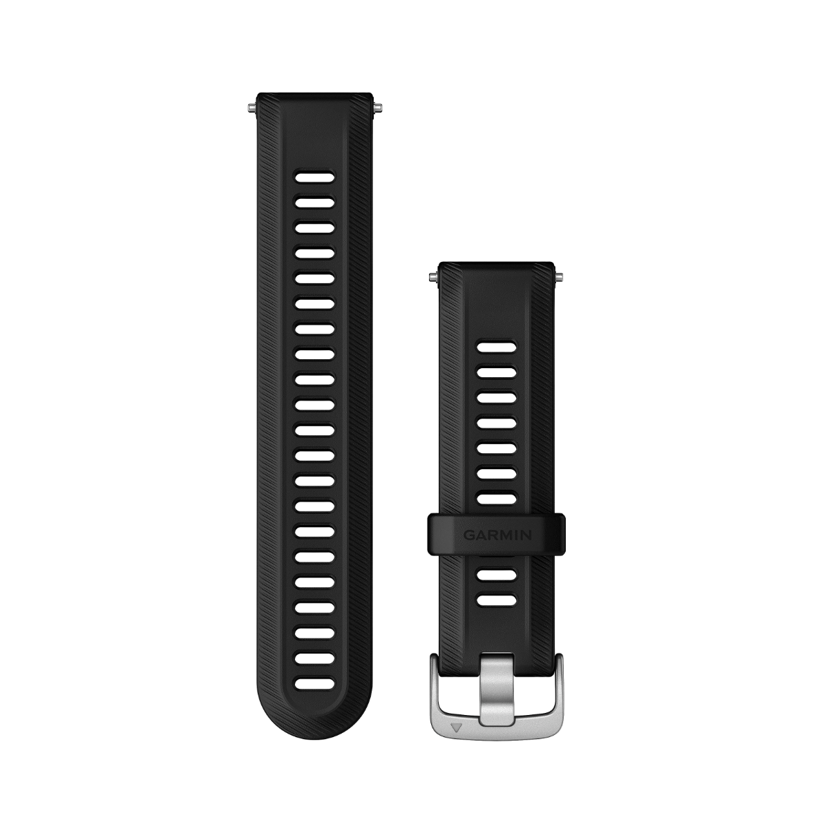 Garmin Forerunner watch bands, 22 mm, black with silver hardware; two bands.