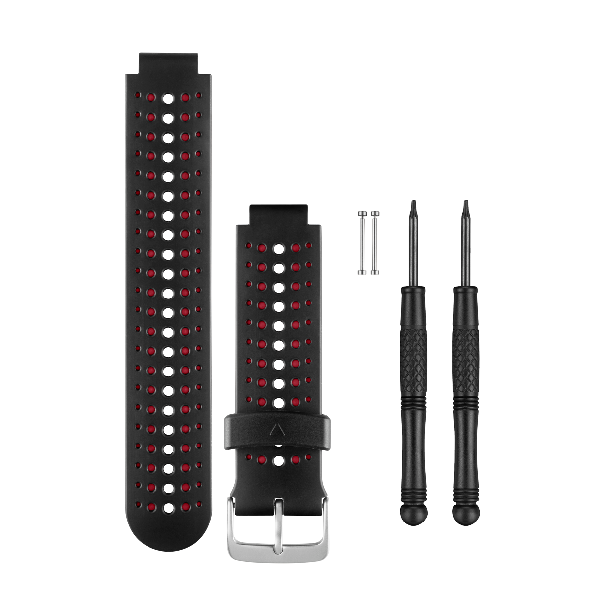 Garmin Marsala silicone watch bands set with two perforated black straps featuring red interiors and two pin tools.