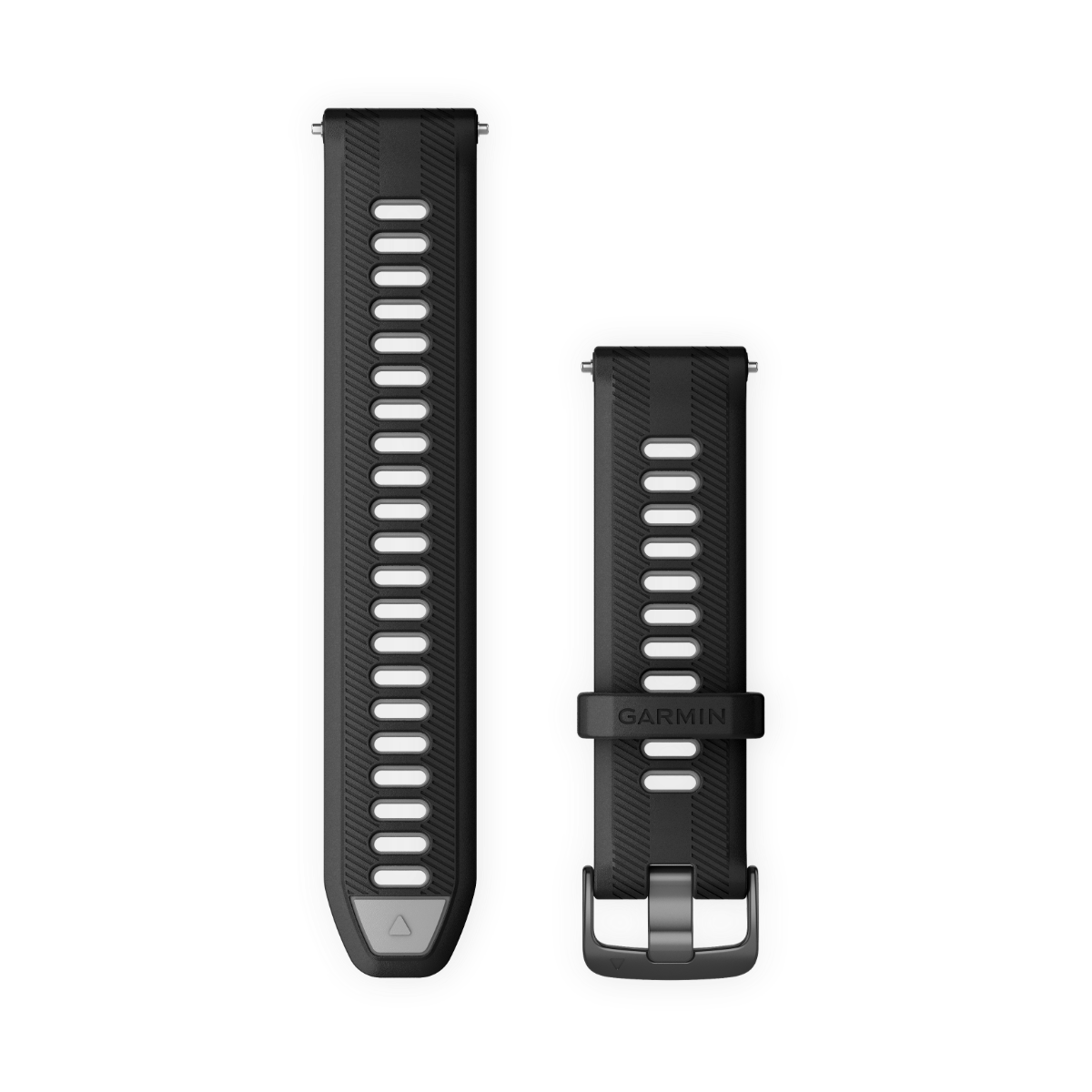 Garmin Forerunner watch bands, 22 mm, black/powder gray with slate hardware; two-piece set.