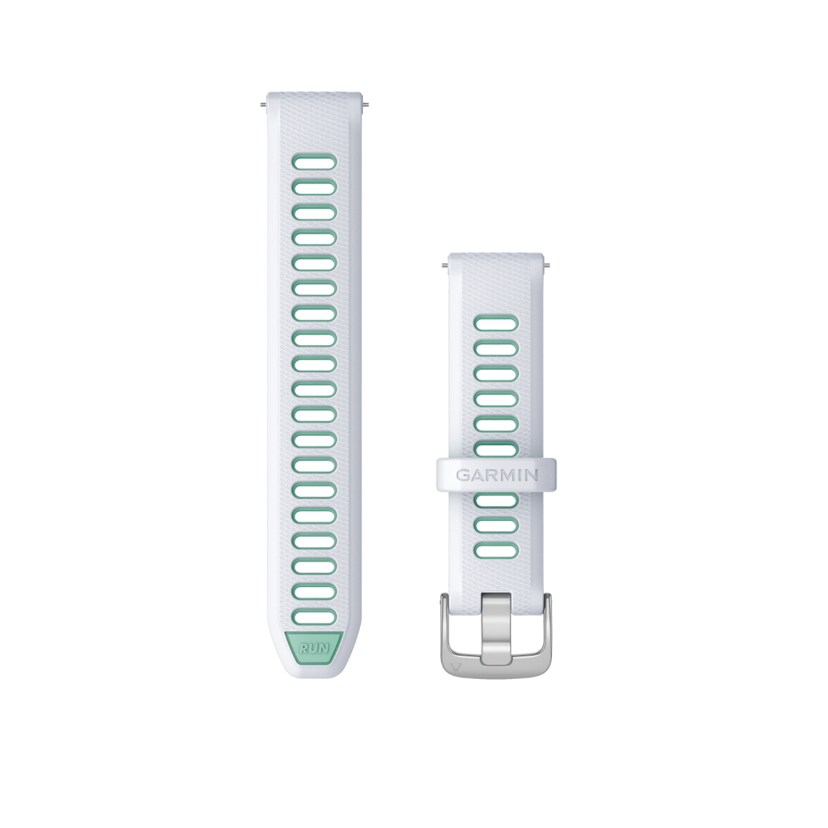 Garmin Quick Release 18 mm watch bands in Whitestone/Neo Tropic with silver hardware, two-piece set.