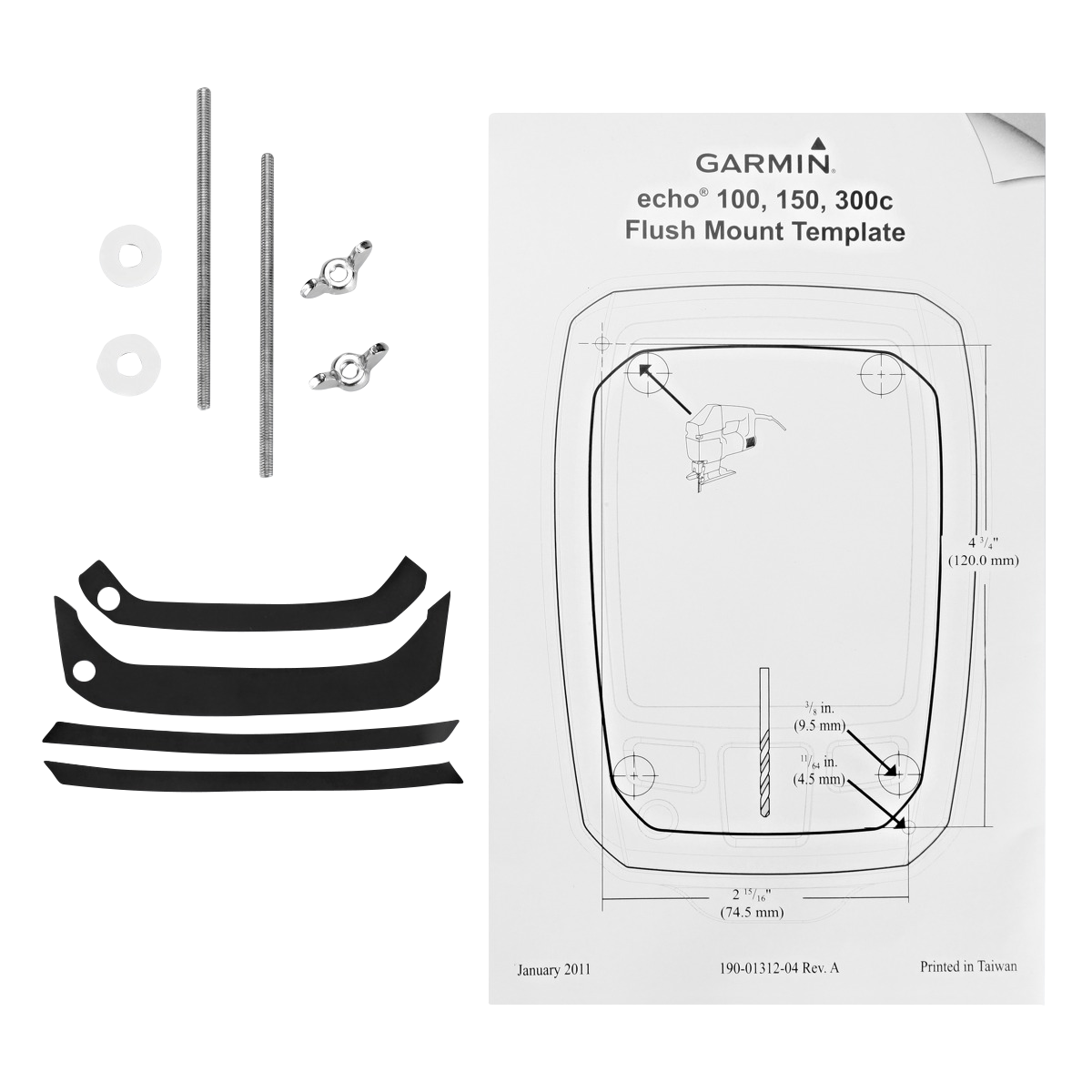 Garmin Flush Mount Kit for Echo marine electronics; includes metal mounting hardware and black trim brackets