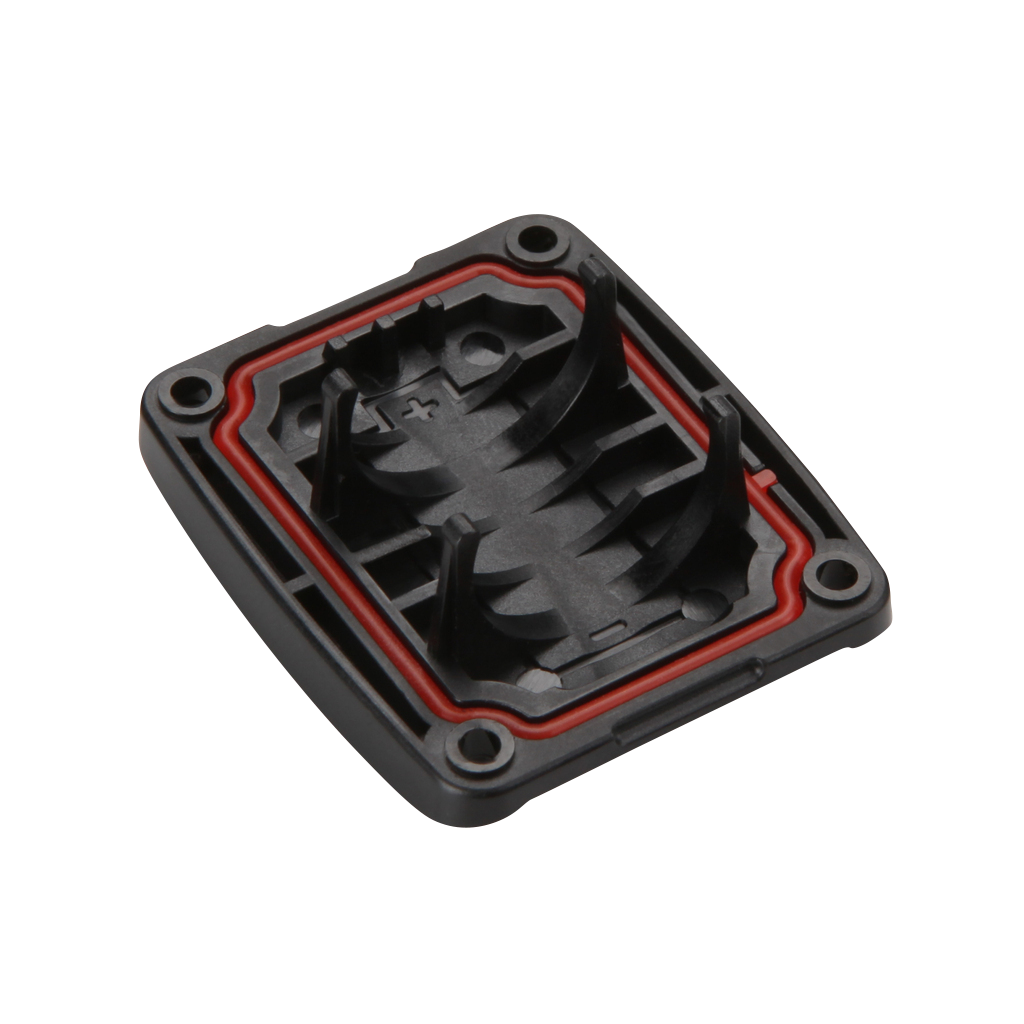 Garmin BarkLimiter battery housing door, black plastic with red gasket and four corner screw holes, part 010-11865-00.