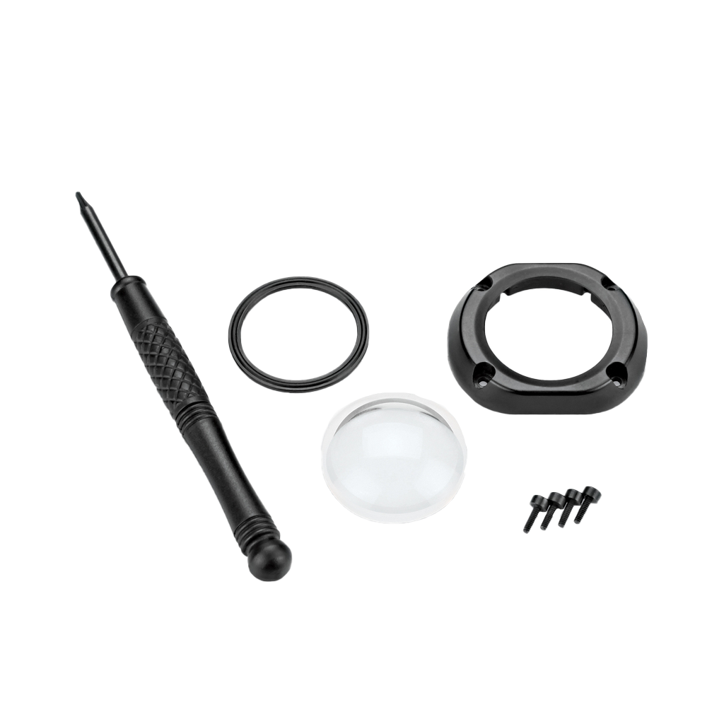 Garmin VIRB Lens 6-piece accessory kit with clear dome lens, mounting ring, O-ring, screwdriver, and screws