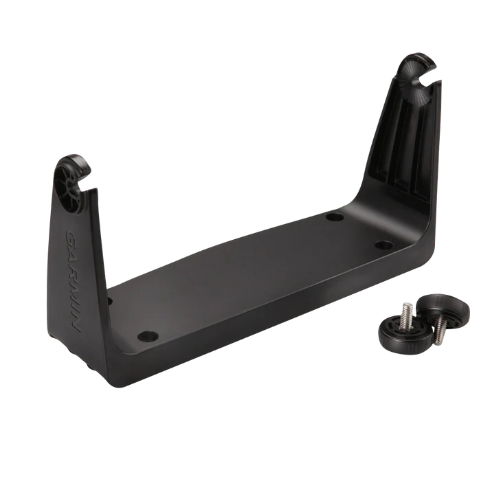 Garmin bail mount with knobs for EchoMAP and GPSMAP, black mounting bracket with mounting screws.