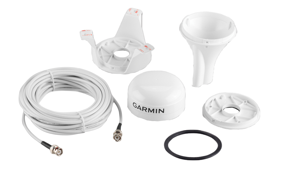 Garmin GA 38 GPS/GLONASS antenna kit with white mounting bases, coiled cable, and rubber gasket
