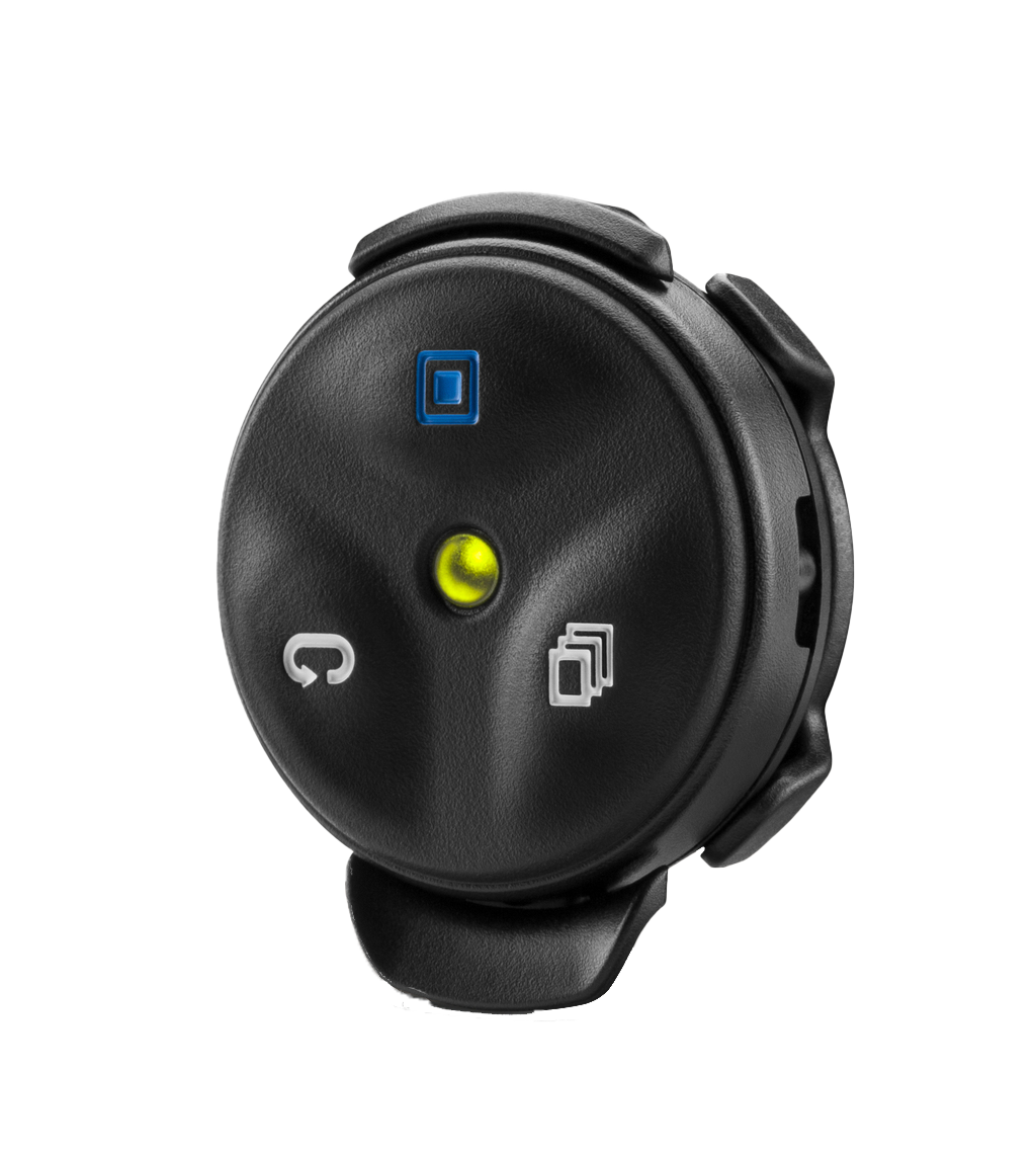 Garmin Edge remote control 010-12094-10, black circular device with blue logo, yellow LED, and white control icons.