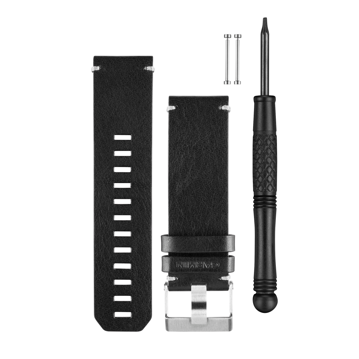 Garmin black leather watch band 5-piece kit with two bands, pins, and a tool