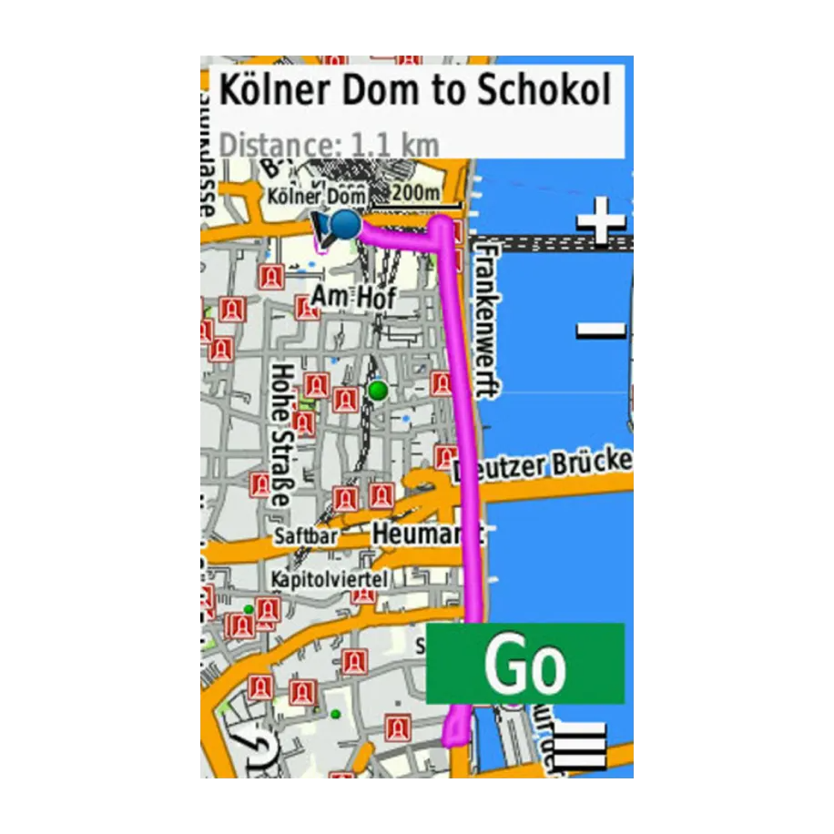 Garmin Cycle Map Europe microSD/SD Card navigation map with purple route and green Go button