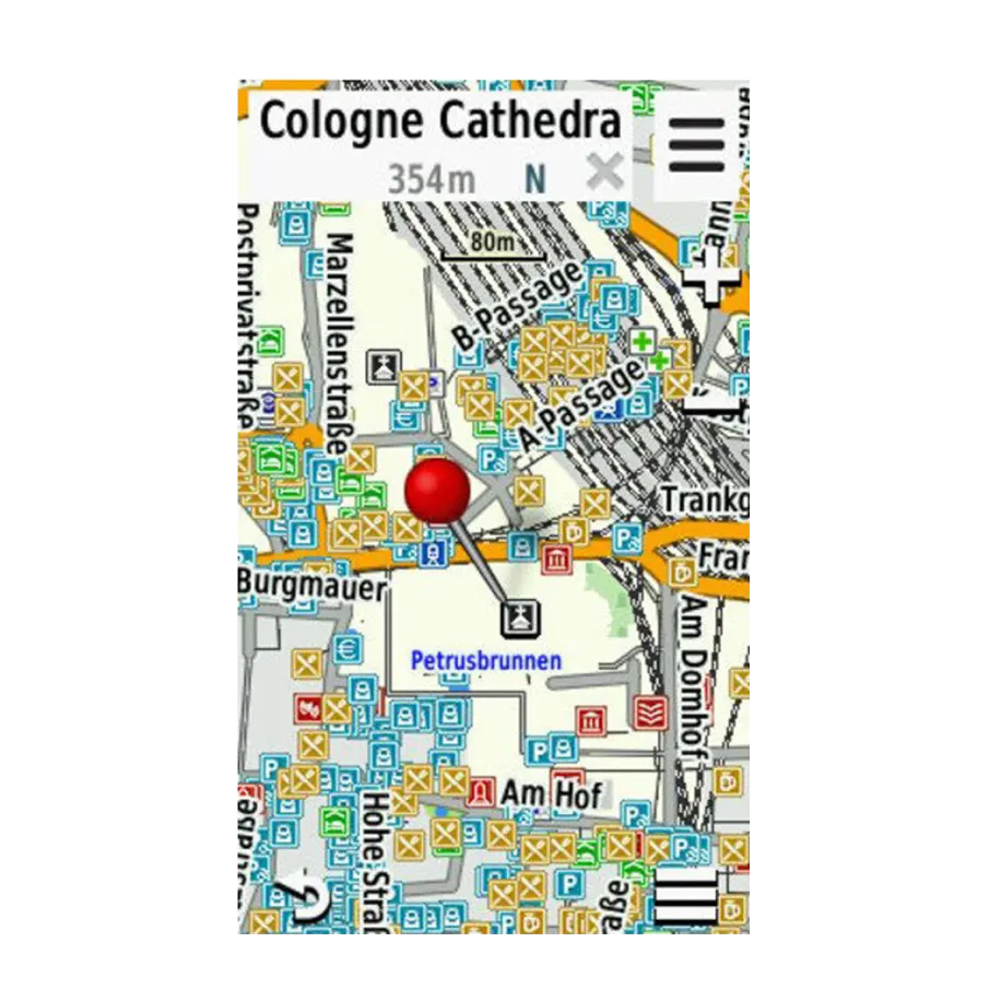 Garmin Cycle Map Europe map display with a red pin, city labels and multicolored map icons