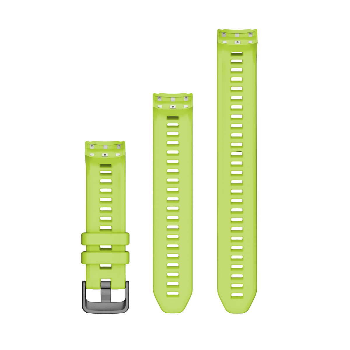 Garmin 20mm watch bands in electric lime; three silicone bands with buckle in small, medium, and large sizes