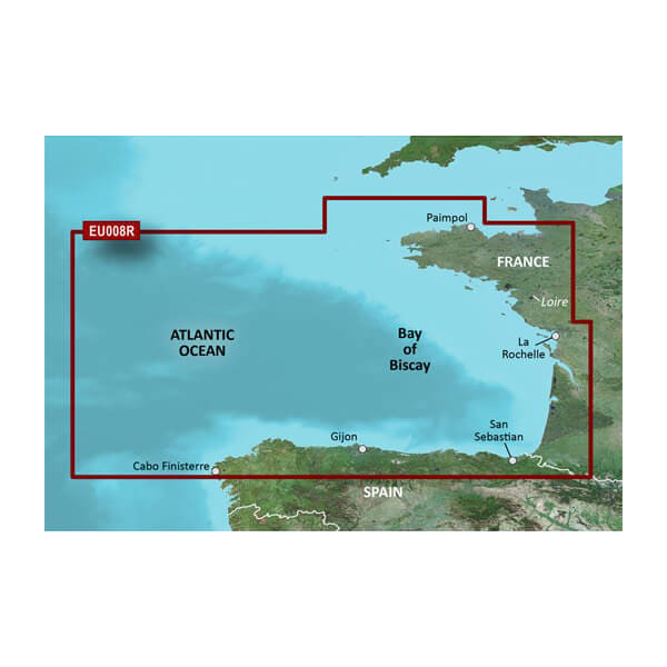Garmin Bay of Biscay Charts BlueChart G3 map card showing Bay of Biscay region with red boundary outline.