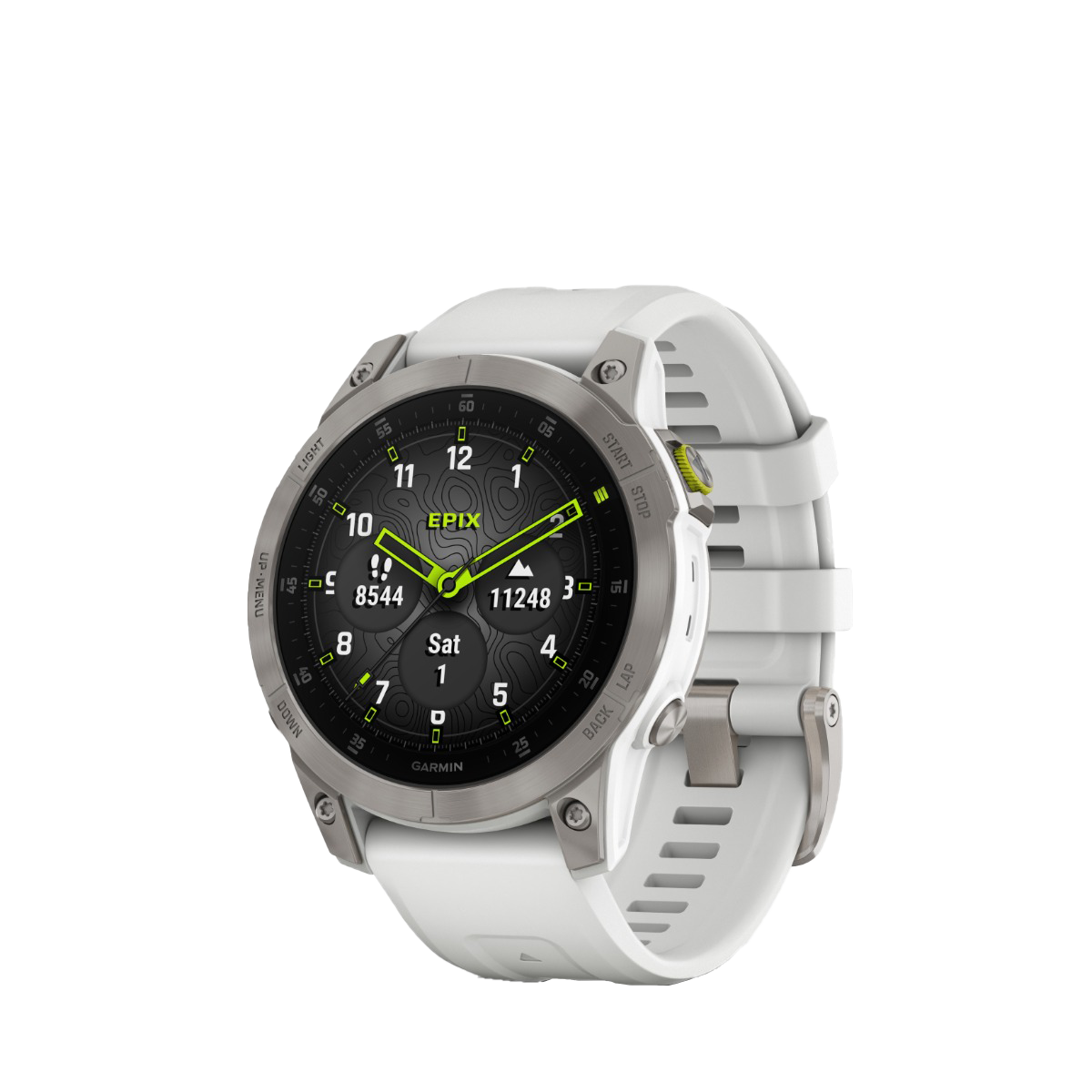 Garmin Epix Gen 2 smartwatch, white titanium bezel with white band, GPS maps and built-in flashlight.