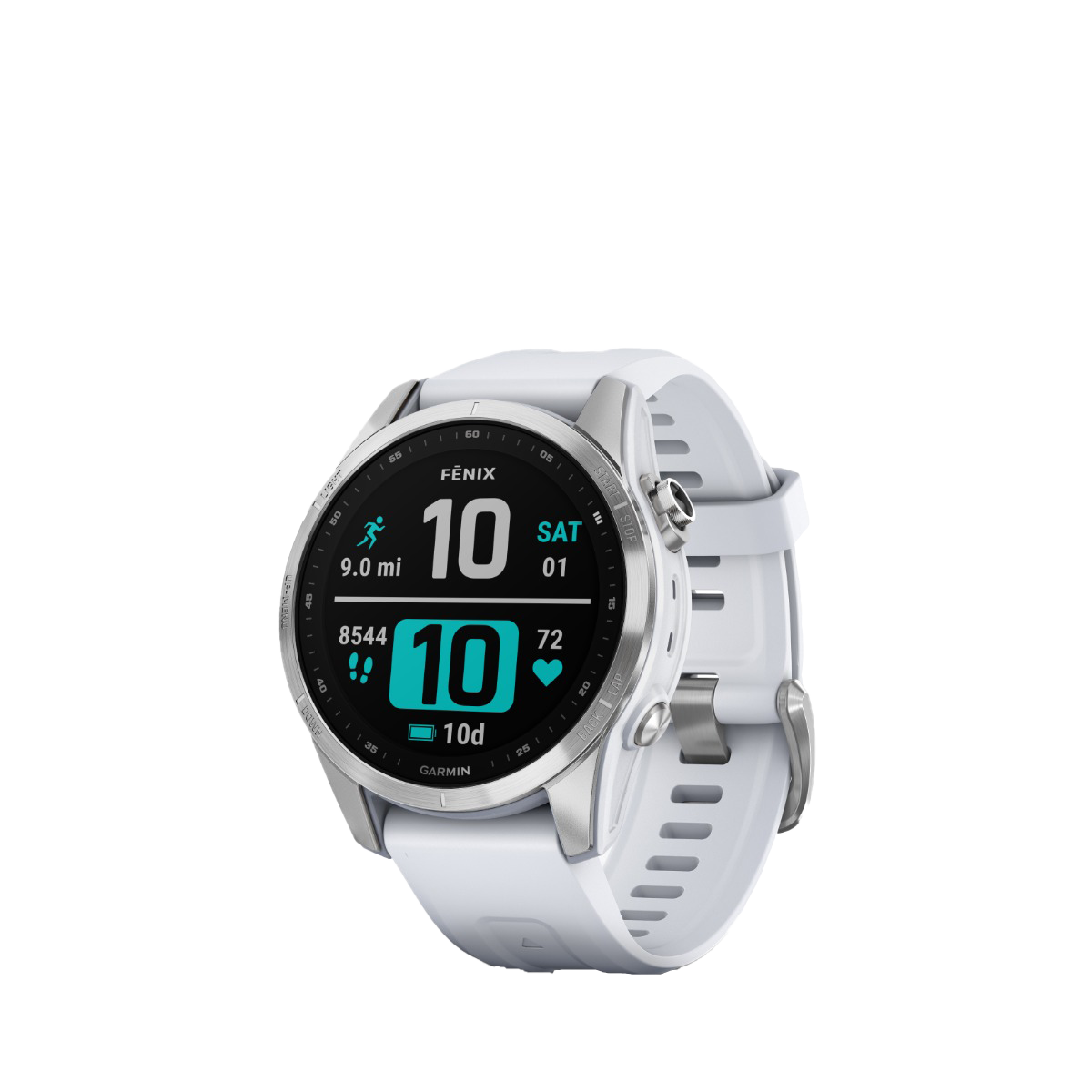 Garmin fenix 7S smartwatch with silver case and Whitestone band