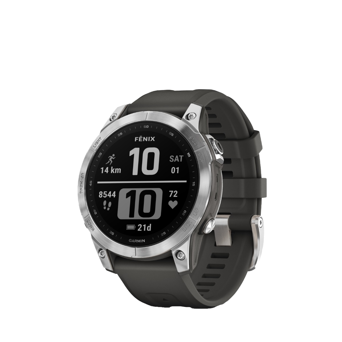 Garmin fenix 7S smartwatch with silver case and graphite band