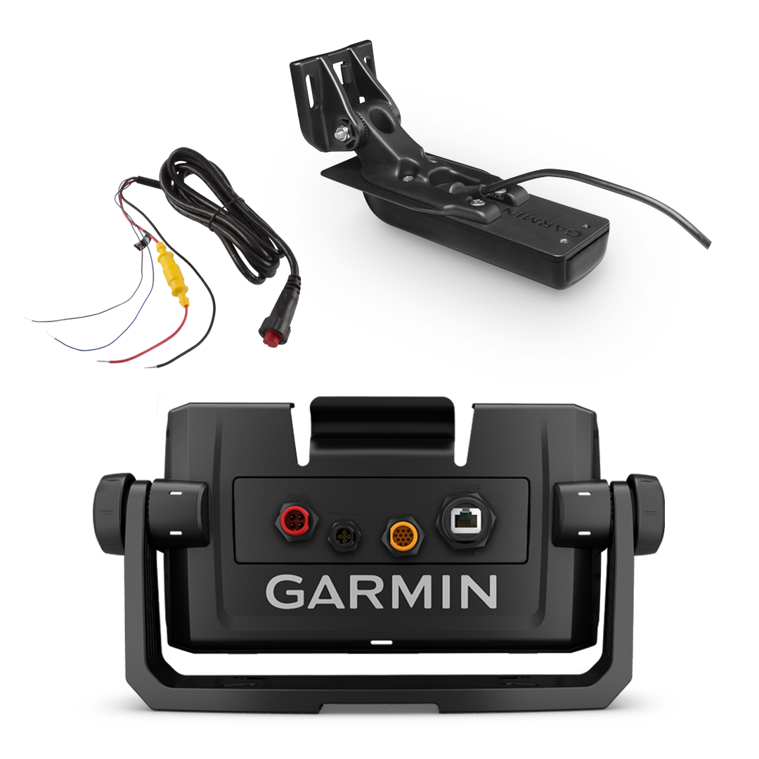 Garmin ECHOMAP UHD 6Xcv marine chartplotter kit with GT24HW-TM transducer, power cable, and mounting cradle