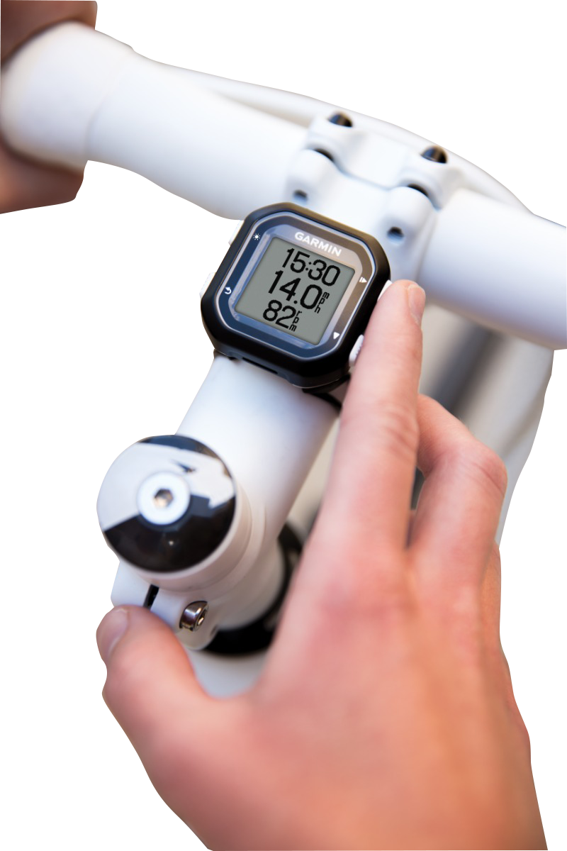 Garmin Edge 25 bike computer mounted on white bicycle handlebars, black square display with Garmin logo.