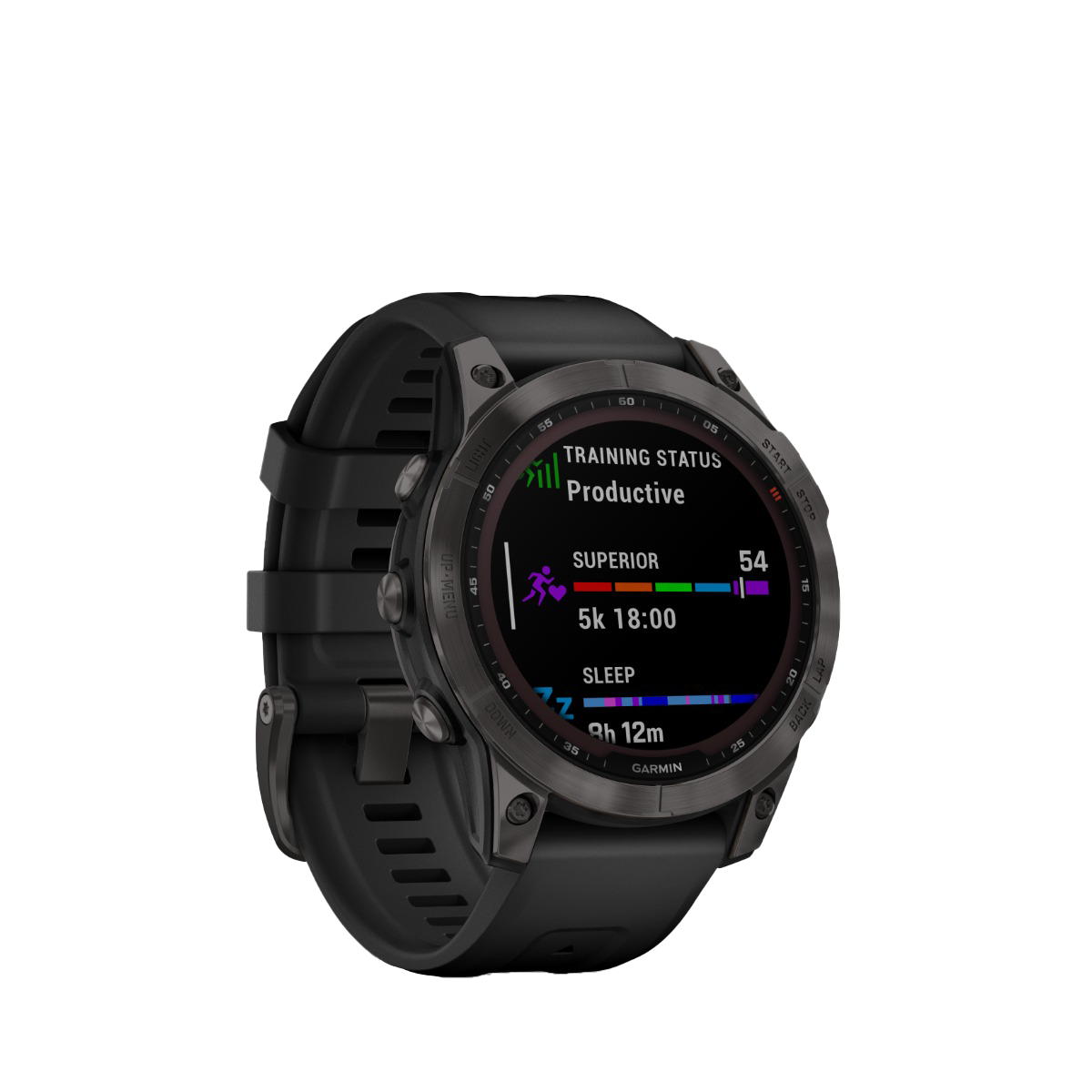 Garmin fenix 7 Sapphire Solar smartwatch with carbon gray DLC titanium bezel and black band