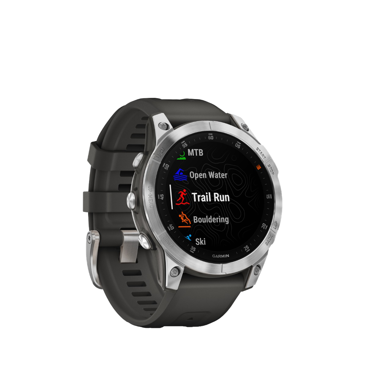 Garmin Epix Gen 2 smartwatch, slate steel case with dark silicone strap, GPS maps
