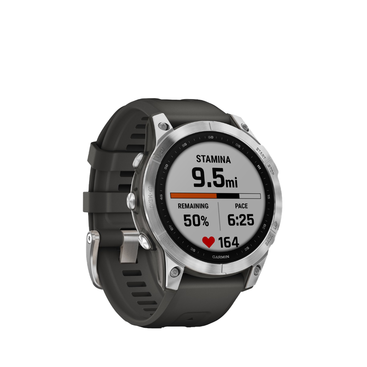 Garmin fenix 7S smartwatch with silver bezel and graphite band