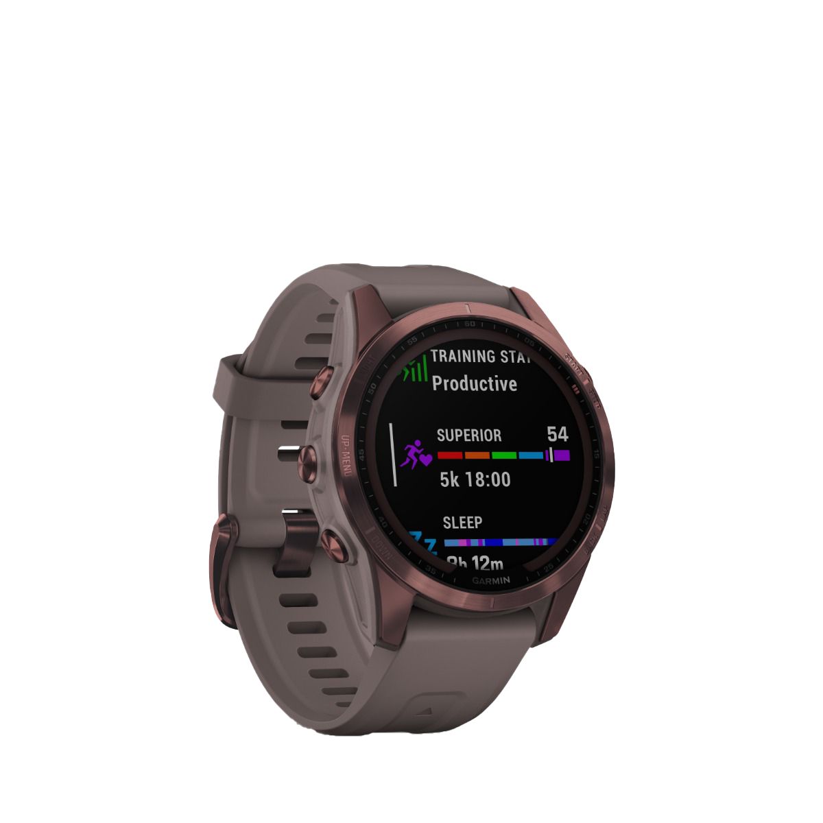 Garmin fenix 7S Sapphire Solar smartwatch with Dark Bronze Titanium case and shale gray band