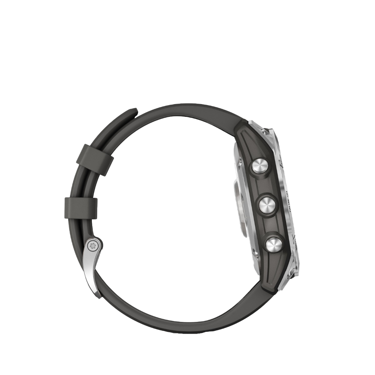 Garmin fenix 7S smartwatch, silver case with graphite band, side view.