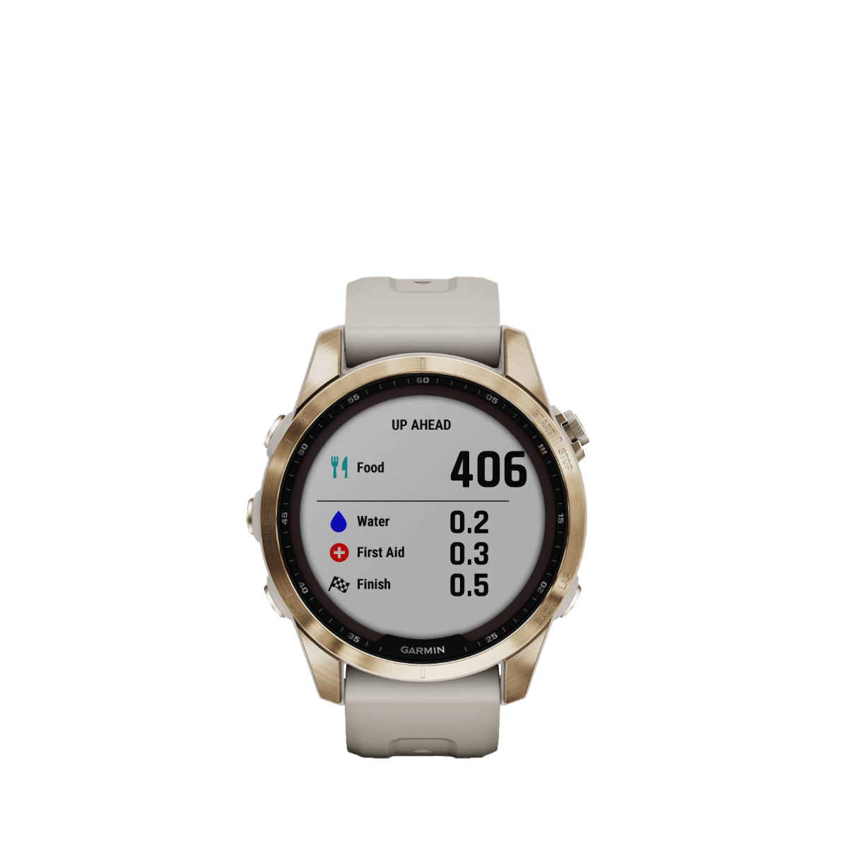 Garmin fenix 7S Sapphire Solar smartwatch with cream-gold titanium case and light sand band