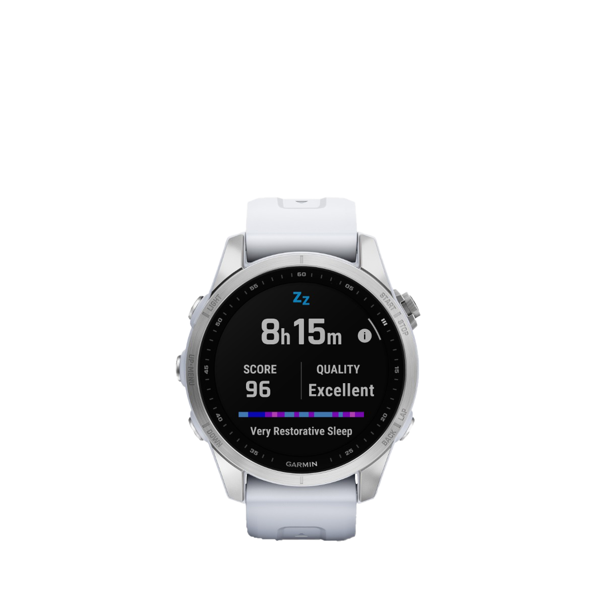 Garmin fenix 7S smartwatch with silver case and Whitestone band