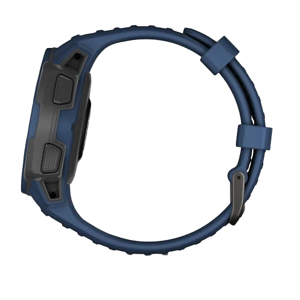 Garmin Instinct Solar tidal blue smartwatch with rugged blue band.