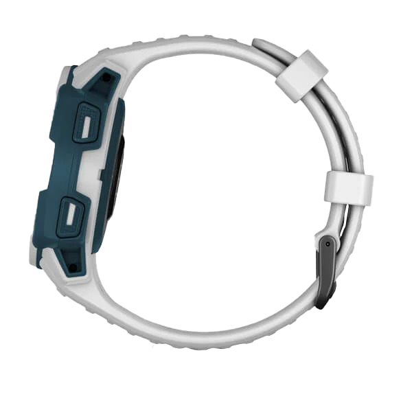 Garmin Instinct Solar rugged GPS smartwatch, white case with teal accents, certified refurbished