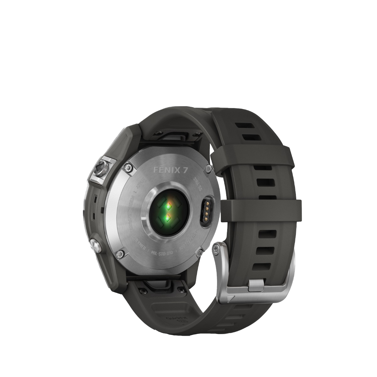 Garmin fenix 7S smartwatch with silver case and graphite band, rear view