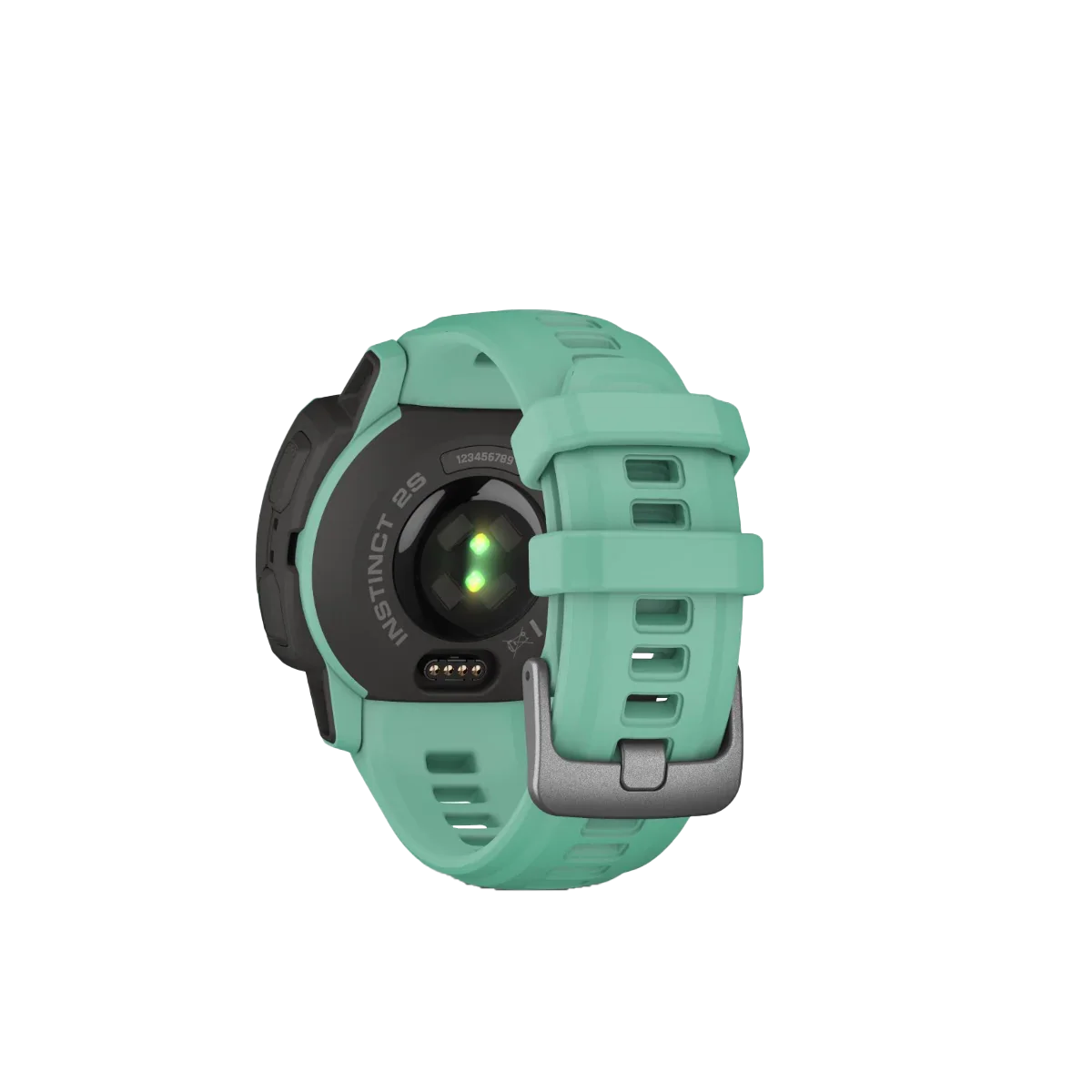 Garmin Instinct 2S Solar smartwatch, Neo Tropic green silicone band, back view