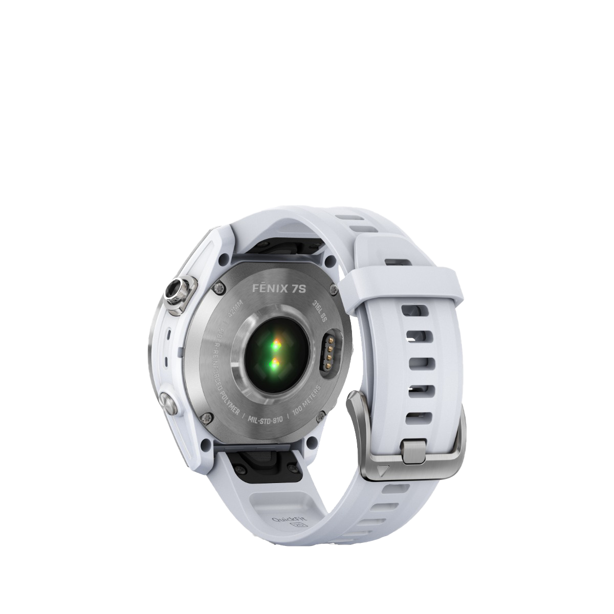 Garmin fenix 7S smartwatch with Whitestone band and silver case, back view