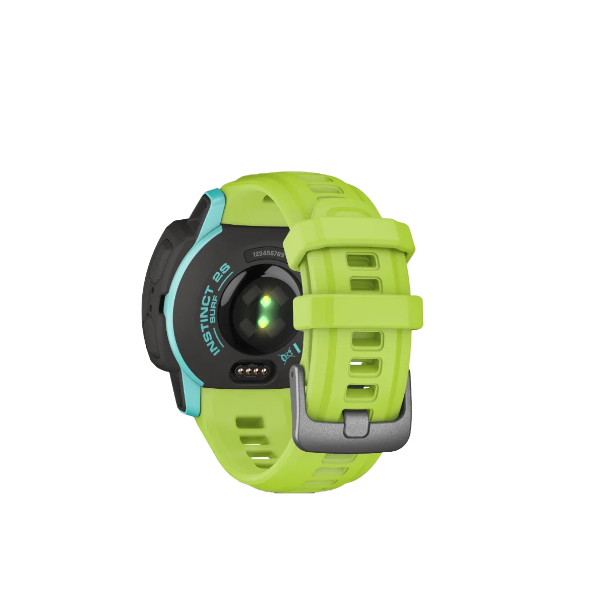 Garmin Instinct 2S Surf Edition Waikiki smartwatch with lime-green band and turquoise accents