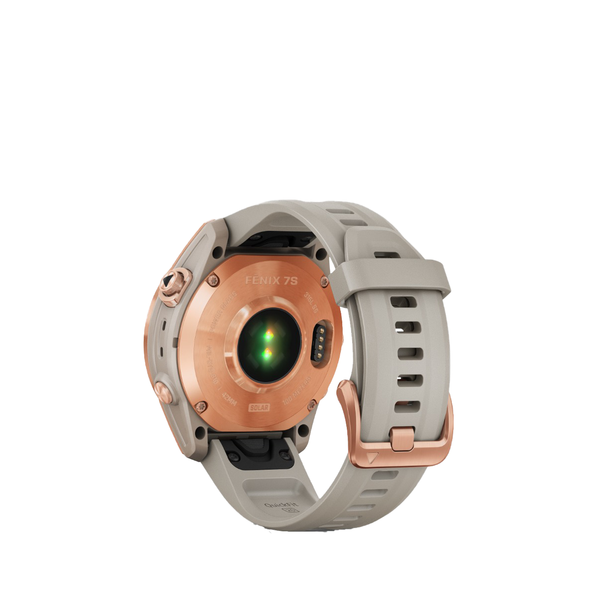 Garmin fenix 7S Solar smart watch with rose-gold case and light-sand band
