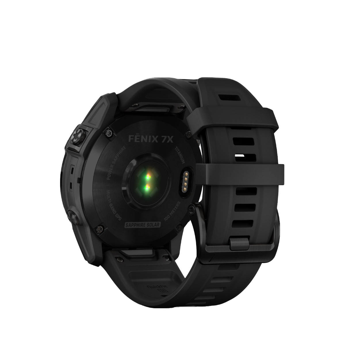 Garmin Fenix 7x Sapphire Solar smartwatch rear view with black DLC titanium case and black band